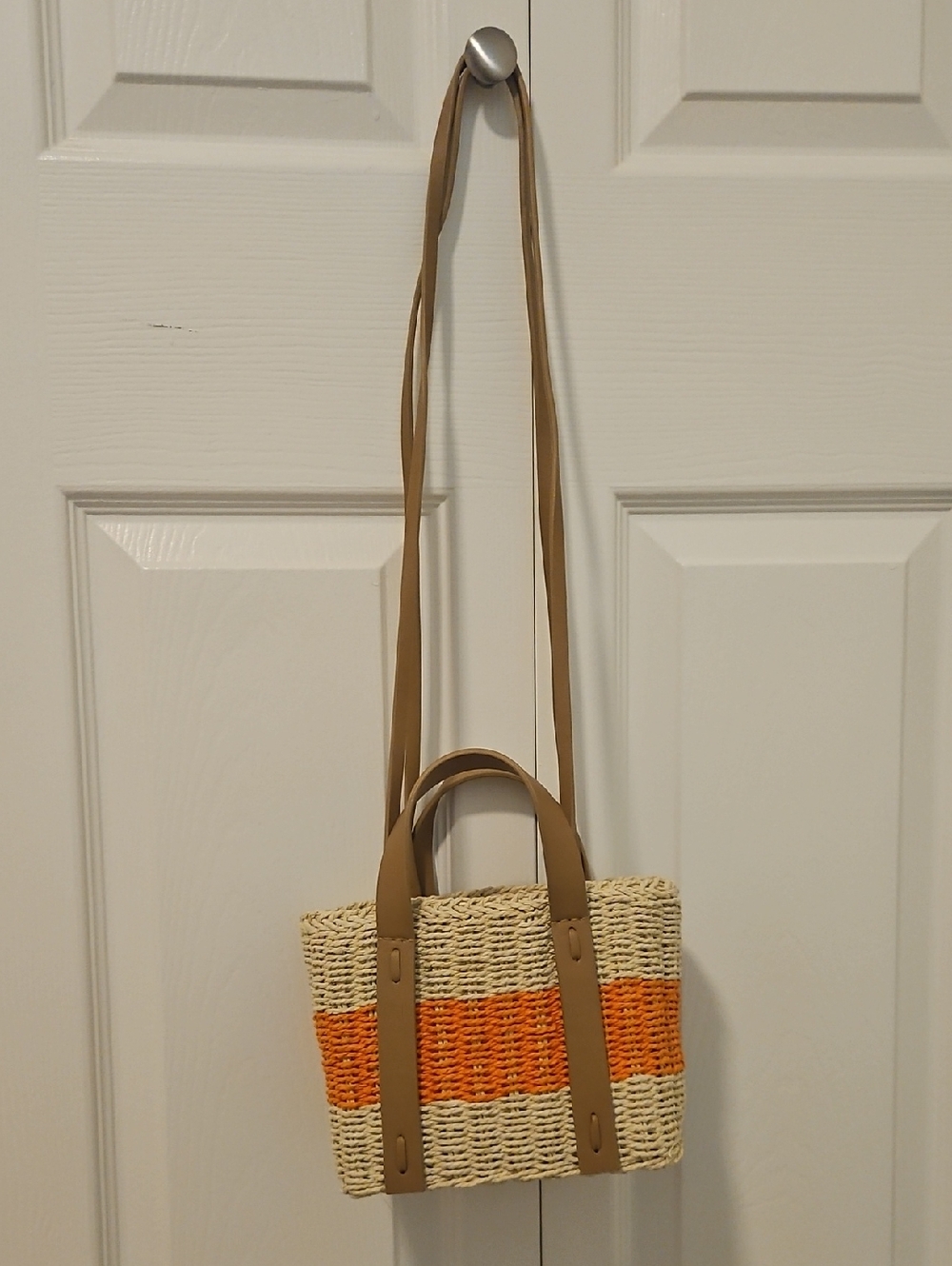 aerie Straw Crossbody Bag with Orange Stripe and Tan Straps